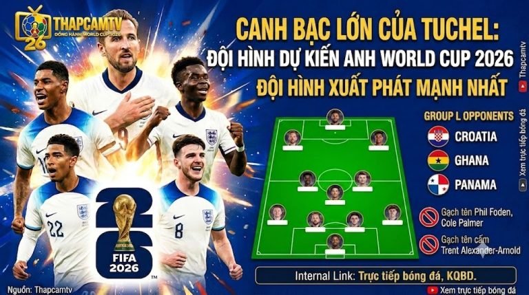 Đội hình xuất phát dự kiến của tuyển Anh tại World Cup 2026 theo sơ đồ chiến thuật pressing của Thomas Tuchel cùng các đối thủ vòng bảng.