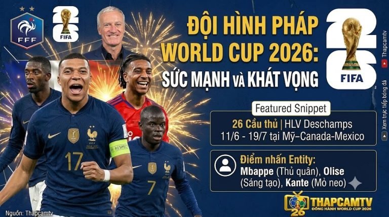 Đội hình Pháp World Cup 2026 hội tụ dàn sao Kylian Mbappe, N'Golo Kante và Michael Olise mang theo sức mạnh và khát vọng vô địch.