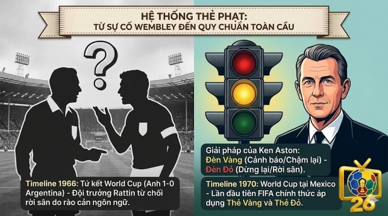 Infographic lịch sử ra đời luật thẻ vàng và thẻ đỏ trong bóng đá xuất phát từ ý tưởng đèn giao thông của Ken Aston sau sự cố rào cản ngôn ngữ tại World Cup 1966