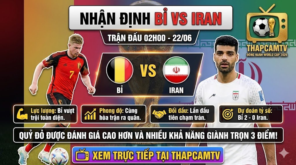 Ảnh bìa nhận định trận đấu Bỉ vs Iran tại World Cup 2026, phân tích điểm nhấn chuyên môn và phong độ hai đội cùng Thapcamtv.