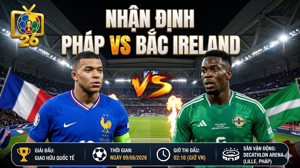 Hình ảnh nhận định tổng quan trận đấu giao hữu quốc tế giữa Pháp vs Bắc Ireland ngày 09/06/2026 trên nền tảng ThapcamTV.
