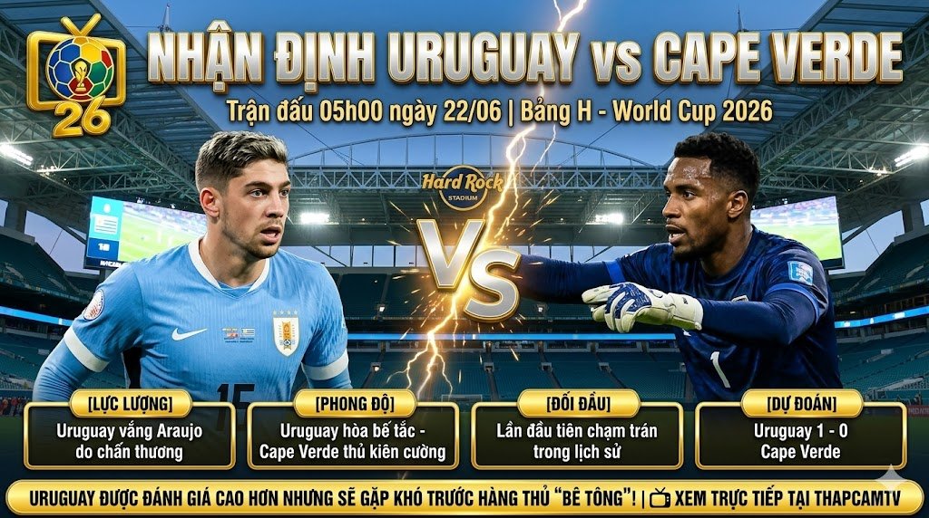Nhận định bóng đá Uruguay vs Cape Verde lúc 05h00 ngày 22/06 bảng H World Cup 2026 cùng chuyên gia ThapcamTV.