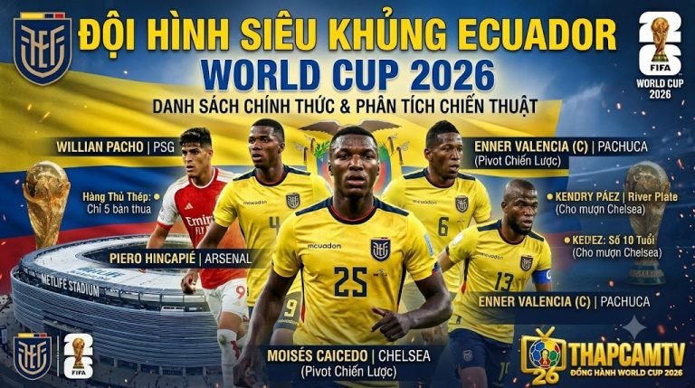 Poster quảng cáo Đội Hình Siêu Khủng Ecuador World Cup 2026 giới thiệu các cầu thủ Moisés Caicedo, Willian Pacho, Piero Hincapié, Kendry Páez, và Enner Valencia, cùng logo Thapcamtv.