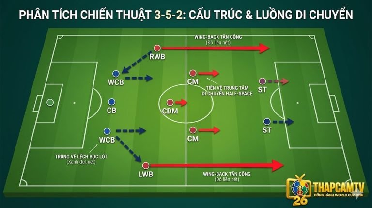 Đồ họa sa bàn phân tích cấu trúc đội hình và luồng di chuyển chiến thuật của sơ đồ 3-5-2, làm nổi bật vai trò dâng cao của Wing-back và sự bọc lót của Trung vệ lệch.