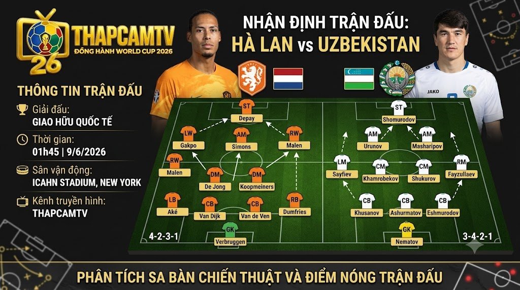 Sơ đồ đội hình dự kiến và thông tin trận đấu giao hữu quốc tế giữa Hà Lan vs Uzbekistan