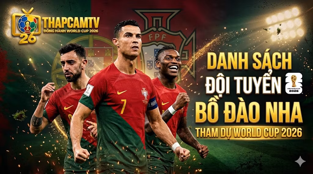 Ảnh đại diện bài viết về đội hình Bồ Đào Nha World Cup 2026 với Cristiano Ronaldo, Bruno Fernandes và Rafael Leão, Thapcamtv.