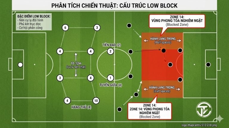Sơ đồ chiến thuật 4-4-2 low block với cự ly đội hình nén chặt và khu vực Zone 14 được highlight đỏ.