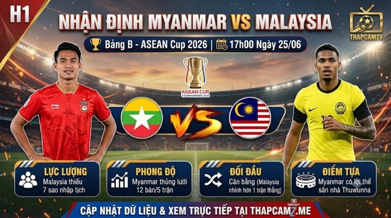 Ảnh bìa nhận định trận đấu giữa Myanmar vs Malaysia tại bảng B ASEAN Cup 2026, cập nhật thông tin lực lượng, phong độ và đối đầu chi tiết trên nền tảng ThapcamTV.