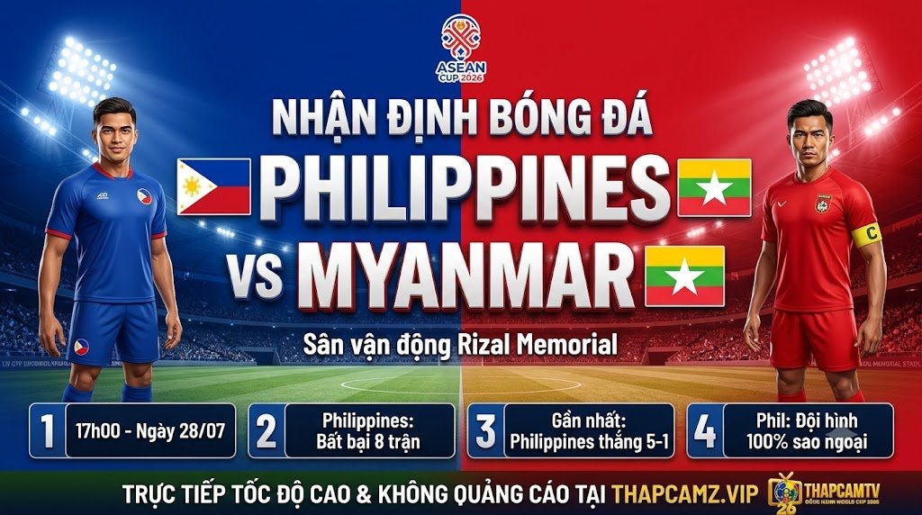 Ảnh bìa nhận định bóng đá trận Philippines vs Myanmar lúc 17h00 ngày 28/07 vòng bảng ASEAN Cup 2026 trên sân Rizal Memorial, cập nhật bởi ThapcamTV.