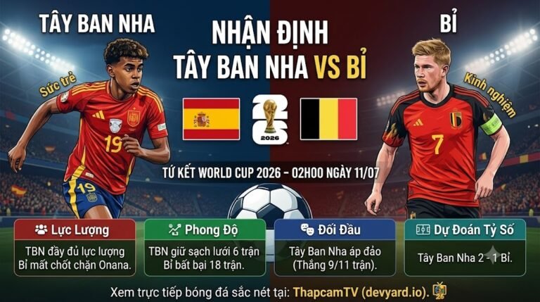 Nhận định tổng quan trận đấu Tây Ban Nha vs Bỉ tại tứ kết World Cup 2026, cuộc đối đầu giữa sức trẻ của Lamine Yamal và kinh nghiệm của Kevin De Bruyne.