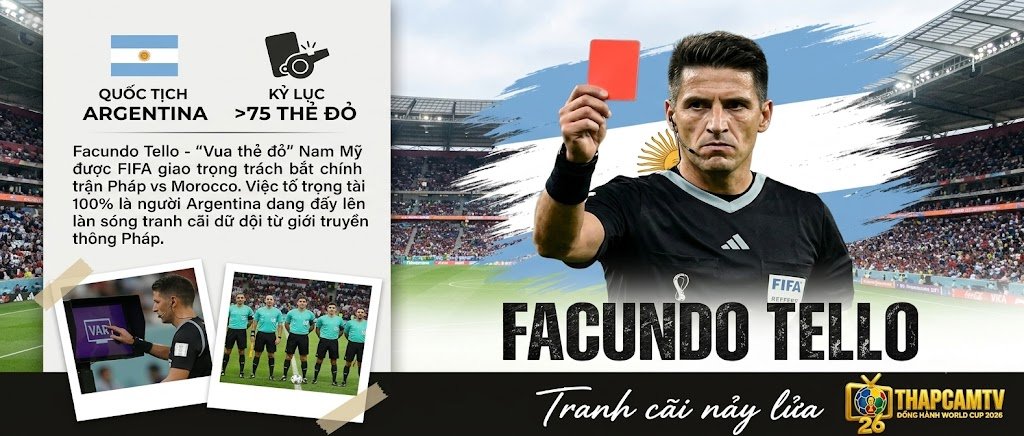 Trọng tài Facundo Tello người Argentina rút thẻ đỏ - Vị vua áo đen Nam Mỹ bắt chính trận Tứ kết Pháp vs Morocco tại World Cup 2026.