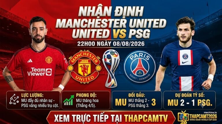 Nhận định bóng đá trận Manchester United vs PSG lúc 22h00 ngày 08/08/2026. Phân tích phong độ, lực lượng và tỷ số chi tiết cùng ThapcamTV.