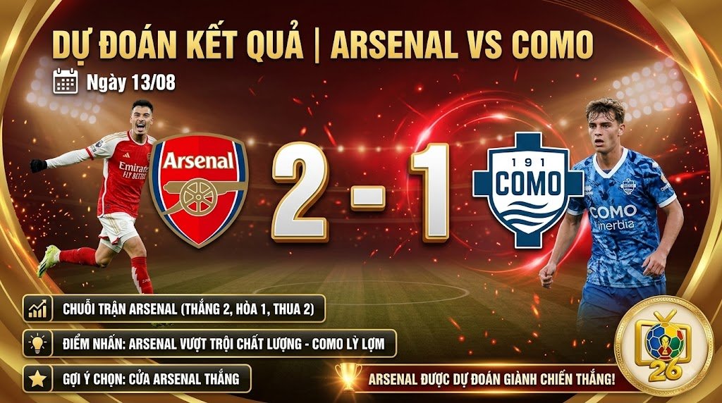 Dự đoán kết quả và tỷ số trận đấu Arsenal vs Como (2-1) cùng chuyên gia nhận định ThapcamTV.
