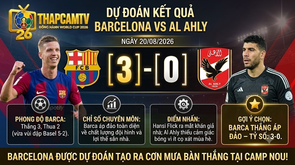 Dự đoán tỷ số 3-0 trận Barcelona vs Al Ahly ngày 20/08/2026, phân tích phong độ và dữ liệu chuyên môn từ BLV Man Man.