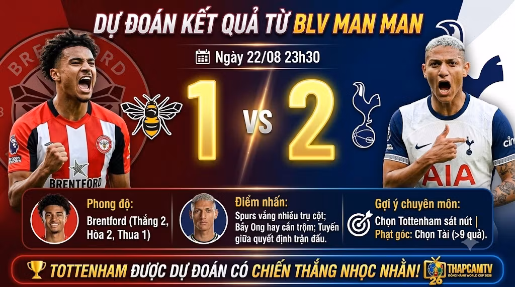 BLV Man Man dự đoán kết quả tỷ số 1-2 trận Brentford vs Tottenham. Gợi ý chuyên môn, kịch bản phạt góc và điểm nhấn chiến thuật độc quyền trên nền tảng thapcamz.site.
