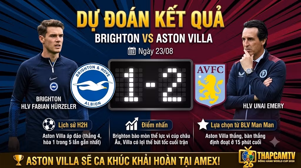 BLV Man Man từ Thapcamtv dự đoán kết quả tỷ số 1-2 trận Brighton vs Aston Villa, phân tích lịch sử đối đầu và điểm nhấn chiến thuật giữa HLV Fabian Hürzeler và Unai Emery.