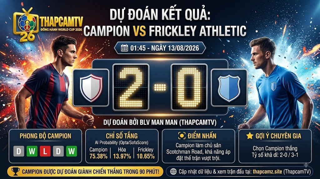 BLV Man Man từ ThapcamTV dự đoán kết quả tỷ số 2-0 nghiêng về Campion trong trận đấu đá lại gặp Frickley Athletic.