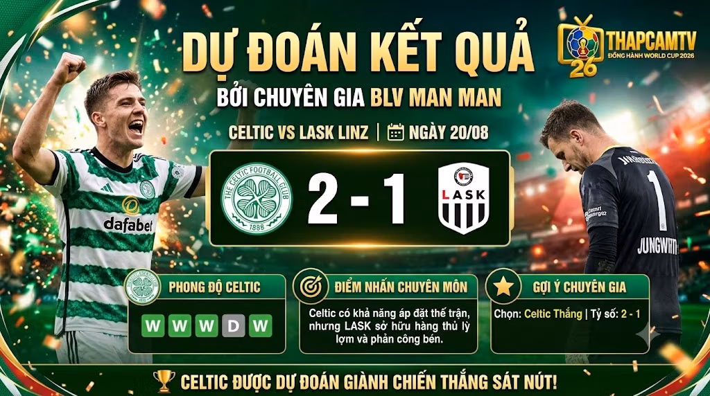 Chuyên gia BLV Man Man dự đoán kết quả và tỷ số chuyên môn trận đấu Celtic vs LASK Linz.