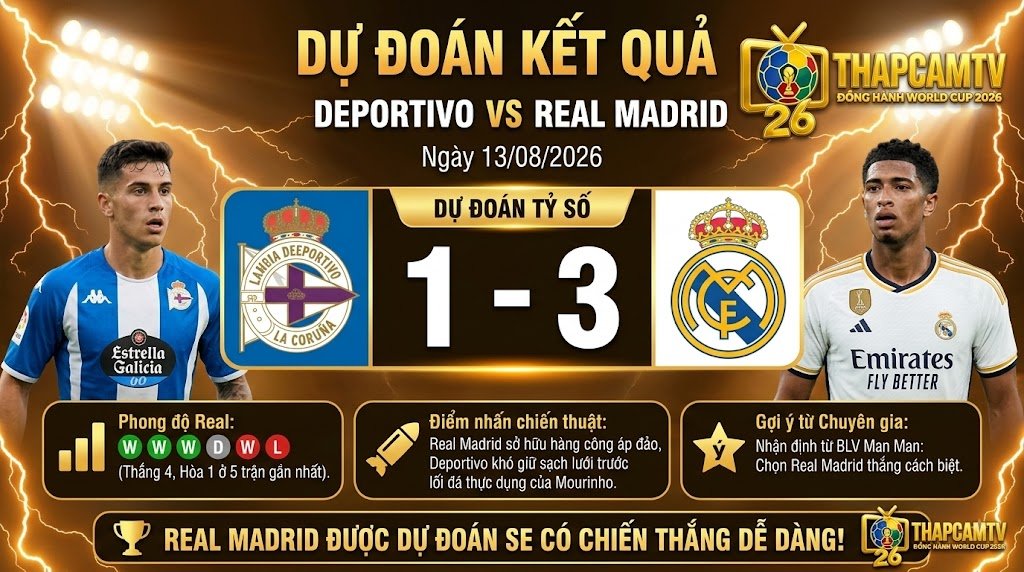 Bảng dự đoán tỷ số và kết quả trận giao hữu Deportivo vs Real Madrid từ chuyên gia bóng đá của hệ thống thapcamz.site.