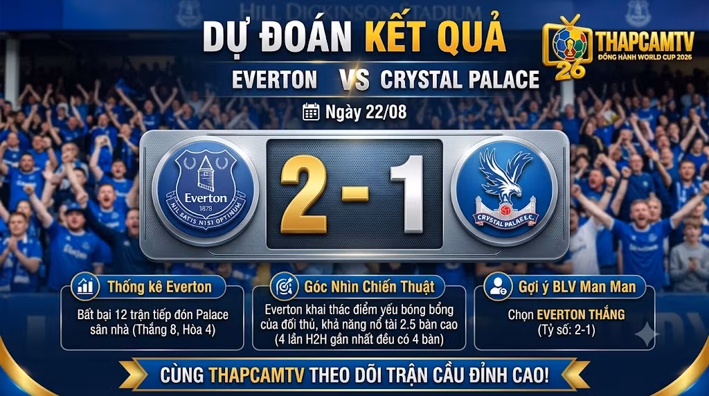 Dự đoán tỷ số trận Everton vs Crystal Palace (2-1) dựa trên dữ liệu thống kê chuyên môn từ nền tảng ThapcamTV.