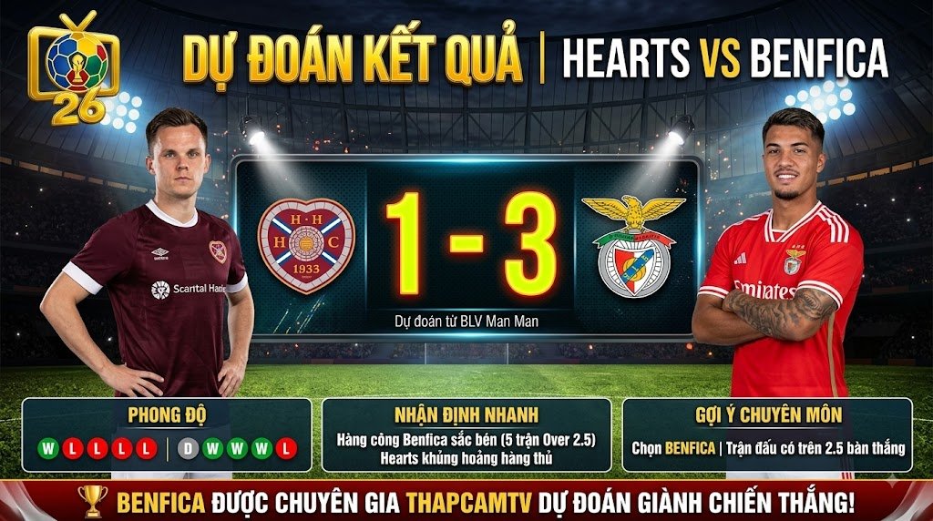 BLV Man Man dự đoán tỷ số trận Hearts vs Benfica là 1-3 với thế trận áp đảo hoàn toàn thuộc về đại diện Bồ Đào Nha.