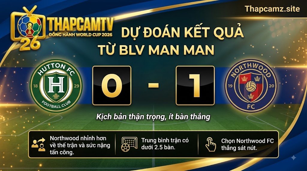 Chuyên gia BLV Man Man dự đoán tỷ số 0-1 nghiêng về Northwood FC trong kịch bản thế trận chặt chẽ trước Hutton FC.