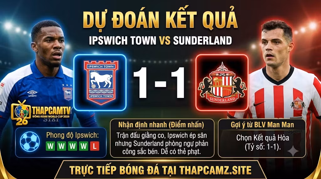Dự đoán kết quả tỷ số Ipswich Town vs Sunderland chuẩn xác từ BLV Man Man Thapcamtv