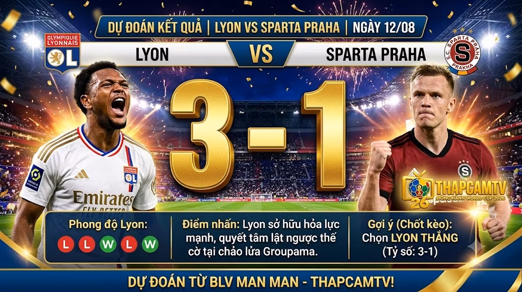 Chuyên gia BLV Man Man từ ThapcamTV dự đoán tỷ số trận đấu Lyon thắng Sparta Praha 3-1.