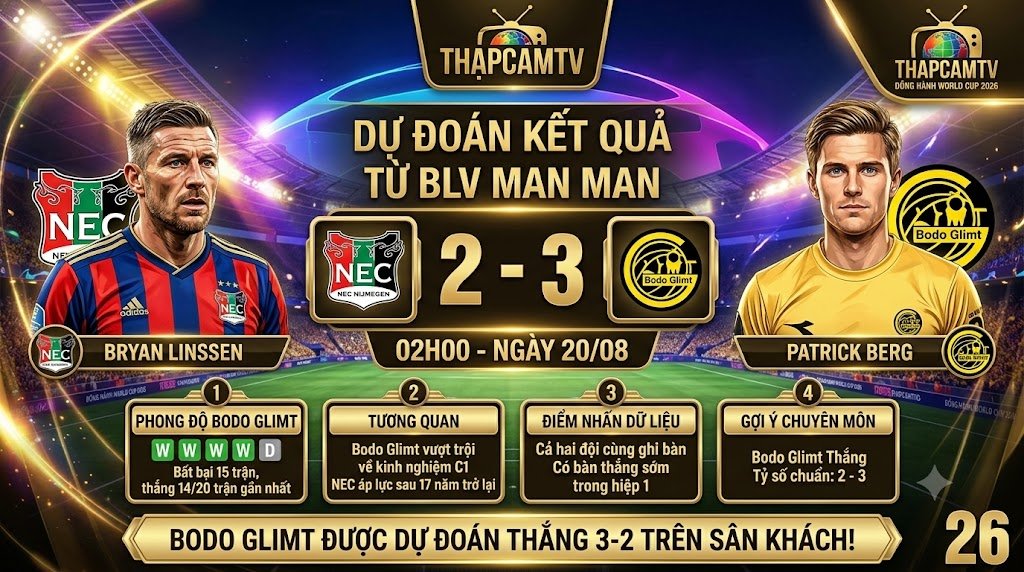 Bảng dự đoán kết quả và chỉ số chuyên môn trận NEC Nijmegen vs Bodo Glimt từ BLV Man Man với tỷ số 2-3 nghiêng về Bodo Glimt.
