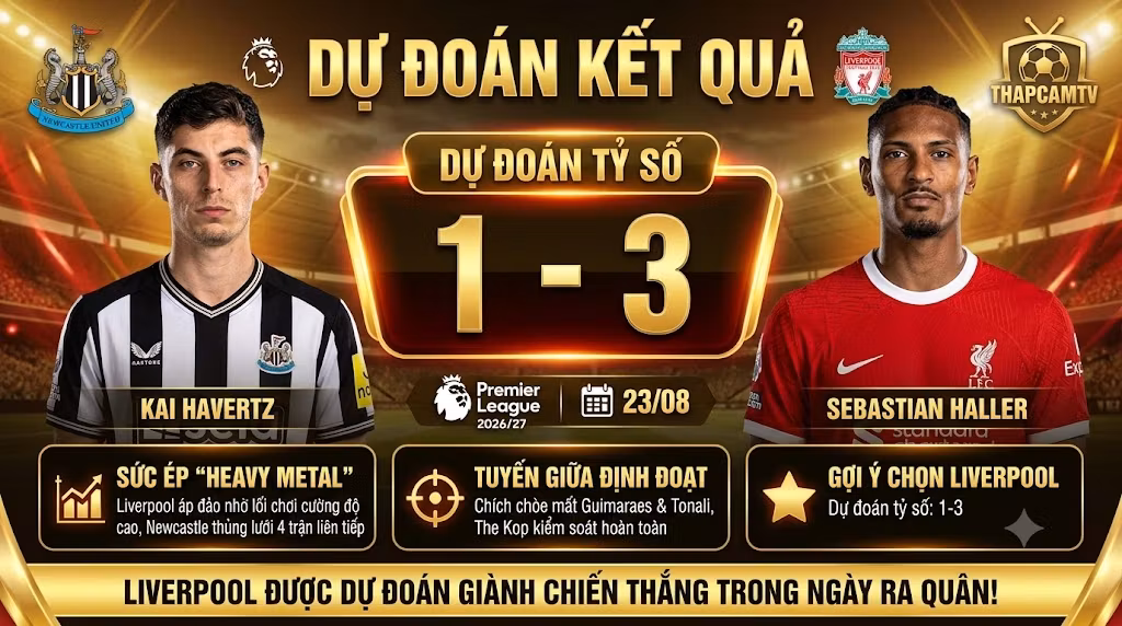 BLV Man Man và ThapcamTV dự đoán tỷ số 1-3 cho trận đấu Newcastle vs Liverpool, nhận định Liverpool áp đảo tuyến giữa và giành chiến thắng.