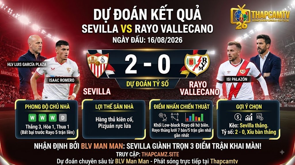 Dự đoán tỷ số 2-0 trận Sevilla vs Rayo Vallecano từ BLV Man Man - Thapcamtv.