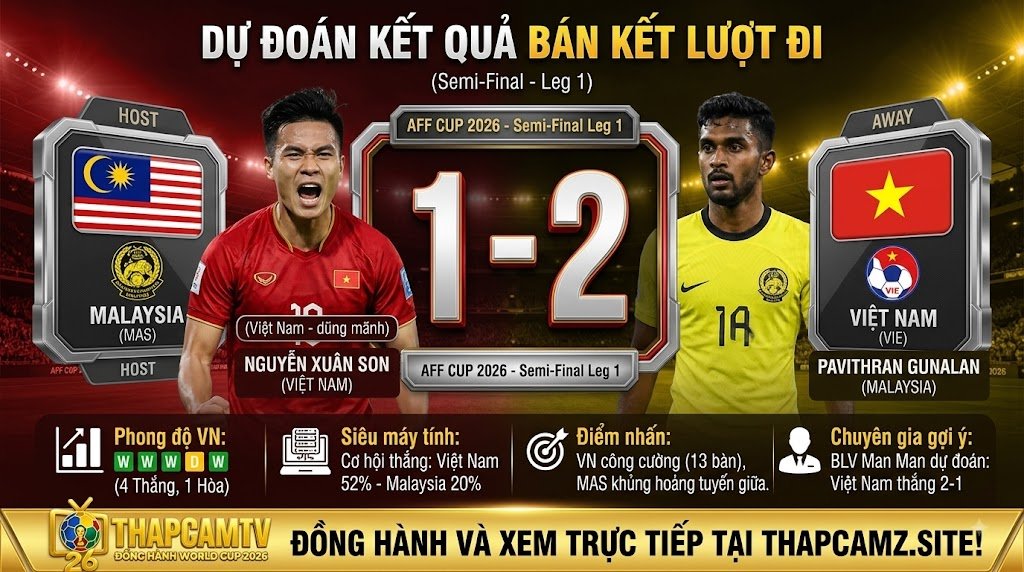 Dự đoán kết quả và tỷ số trận Việt Nam vs Malaysia (AFF Cup 2026) dựa trên dữ liệu siêu máy tính và nhận định từ BLV Man Man.