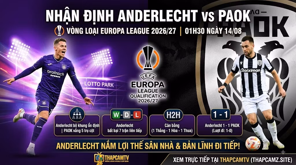 Nhận định Anderlecht vs PAOK 01h30 ngày 14/08 vòng loại Europa League 2026 trên ThapcamTV.