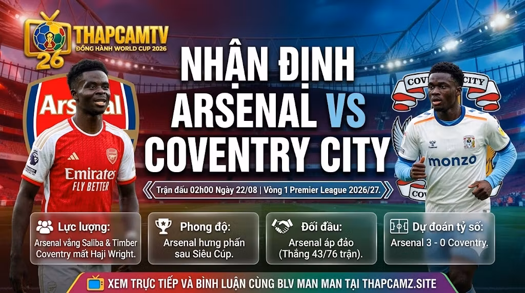 Nhận định bóng đá trận Arsenal vs Coventry City vòng 1 Ngoại hạng Anh 2026/27 chi tiết cùng ThapcamTV.
