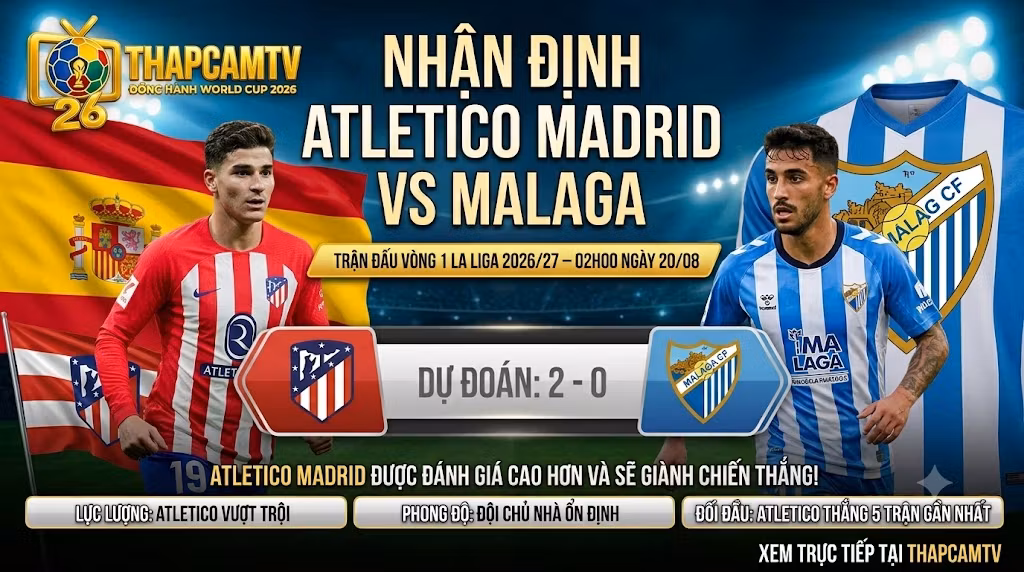 Nhận định bóng đá Atletico Madrid vs Malaga vòng 1 La Liga 2026/27 - Xem trực tiếp tỷ số và thế trận cùng ThapcamTV.