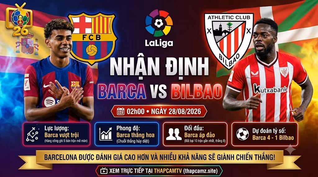Ảnh bìa nhận định trận đấu Barcelona vs Athletic Bilbao lúc 02h00 ngày 28/08 vòng 2 La Liga 2026/27. Cập nhật thông tin lực lượng, phong độ và góc nhìn chuyên môn từ nền tảng trực tiếp bóng đá ThapcamTV.