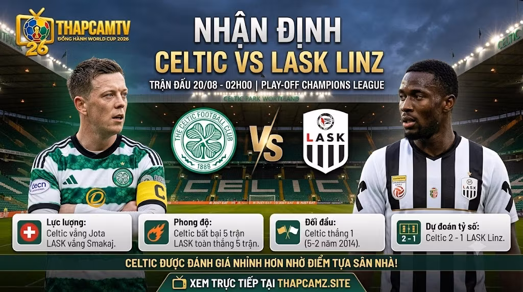 Nhận định tổng quan và thông tin trận đấu Celtic vs LASK Linz vòng play-off Champions League trên ThapcamTV.