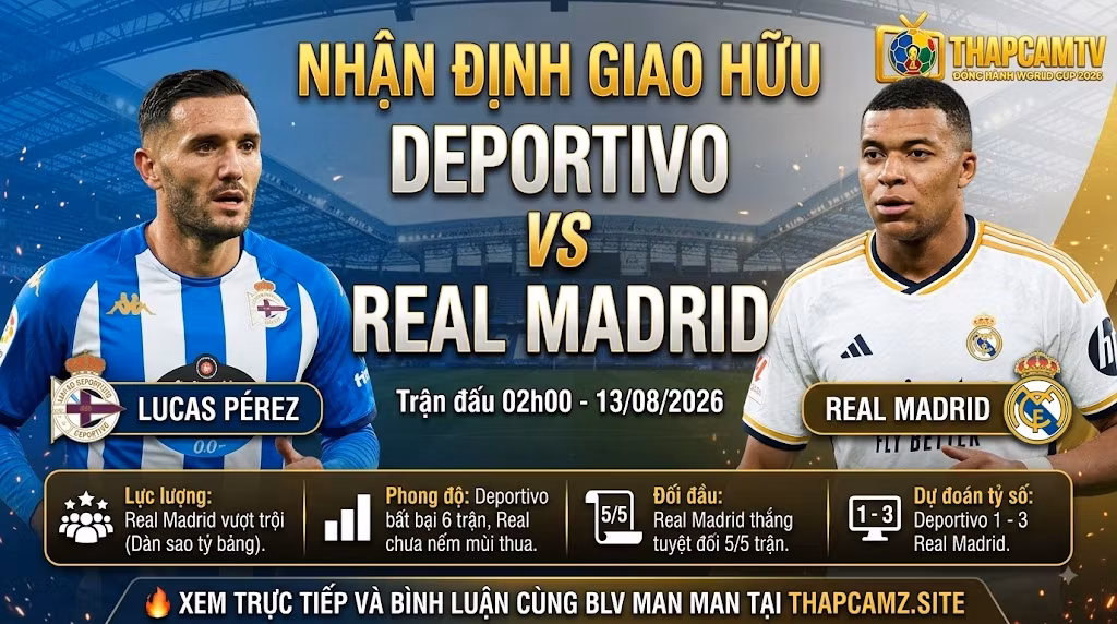 Hình ảnh nhận định trận đấu Deportivo vs Real Madrid lúc 02h00 ngày 13/08 cùng BLV Man Man trên kênh ThapcamTV.