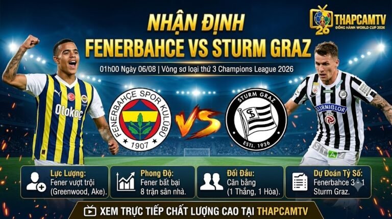Nhận định tổng quan lực lượng và phong độ trận Fenerbahce vs Sturm Graz vòng sơ loại Champions League trên ThapcamTV.