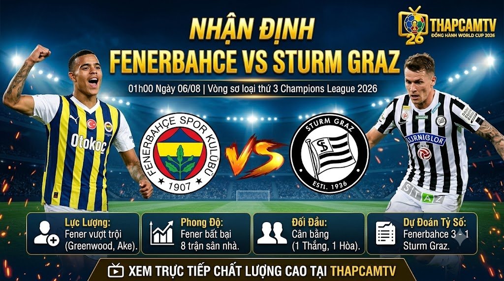 Nhận định tổng quan lực lượng và phong độ trận Fenerbahce vs Sturm Graz vòng sơ loại Champions League trên ThapcamTV.