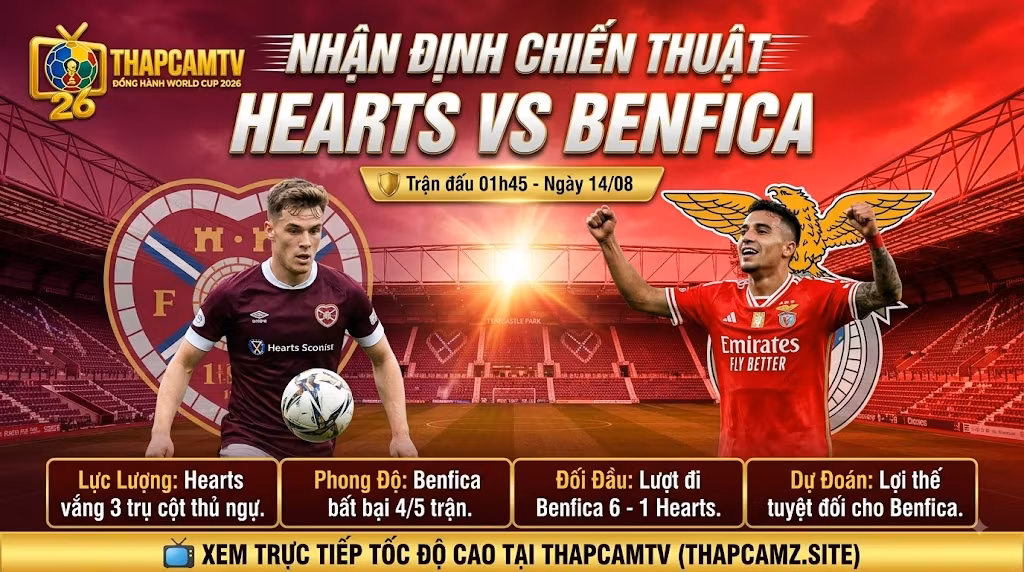 Nhận định bóng đá Hearts vs Benfica 01h45 ngày 14/08 tại vòng loại Europa League chi tiết trên ThapcamTV.