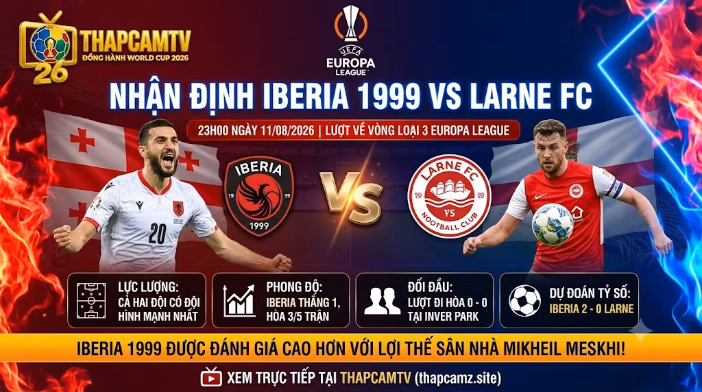 Hình ảnh nhận định tổng quan thông tin lực lượng và phong độ trận đấu giữa Iberia 1999 Tbilisi vs Larne FC tại vòng loại Europa League 2026/27.
