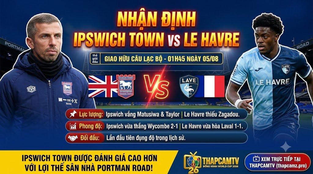 Nhận định bóng đá Ipswich Town vs Le Havre 01h45 ngày 05/08, thông tin lực lượng và phong độ trước trận cập nhật trên ThapcamTV.