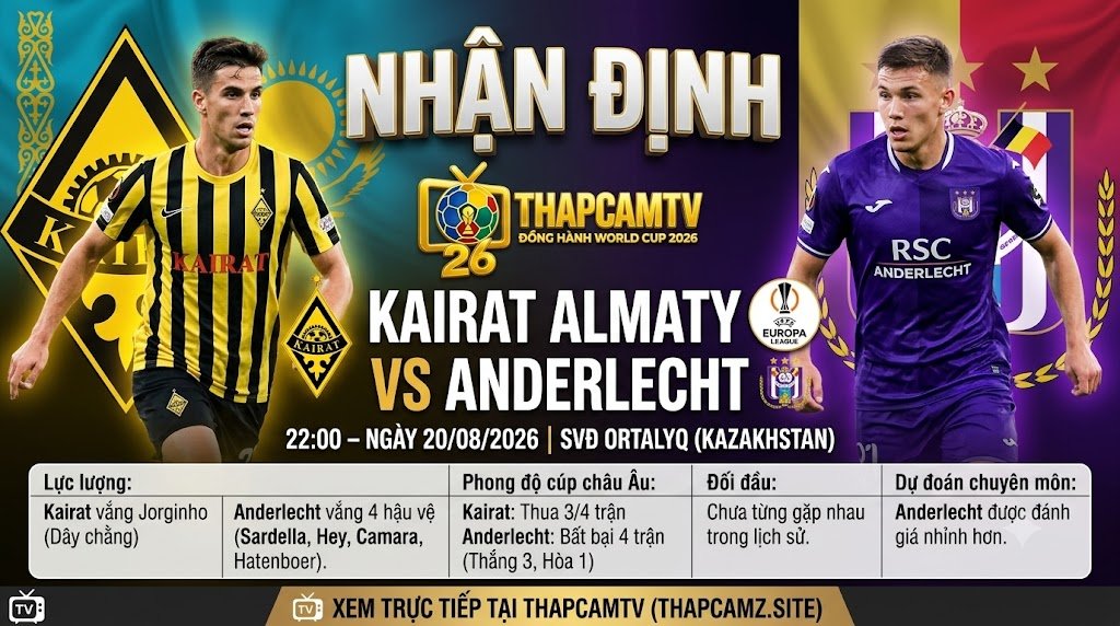 Hình ảnh nhận định trận đấu Kairat Almaty vs Anderlecht lúc 22h00 ngày 20/08 vòng play-off Europa League, phân tích lực lượng và phong độ từ chuyên gia ThapcamTV.