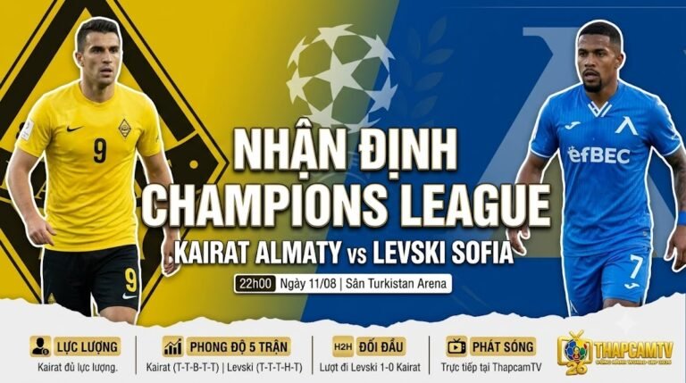 Ảnh bìa nhận định tổng quan trận Kairat Almaty vs Levski Sofia vòng loại Champions League cùng thông tin phong độ, thành tích đối đầu chi tiết từ ThapcamTV.