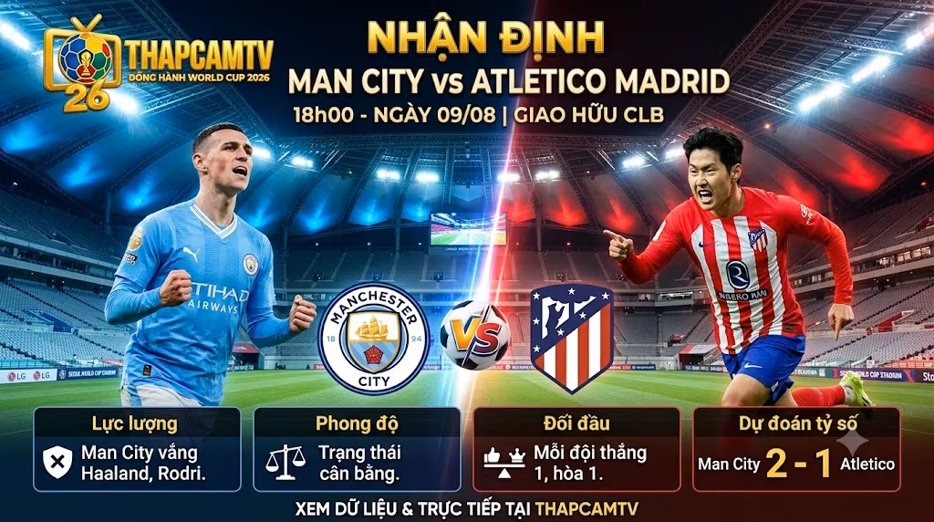 Hình ảnh nhận định phong độ, lực lượng trận đấu giao hữu giữa Man City vs Atletico Madrid lúc 18h00 ngày 09/08 chi tiết trên ThapcamTV.