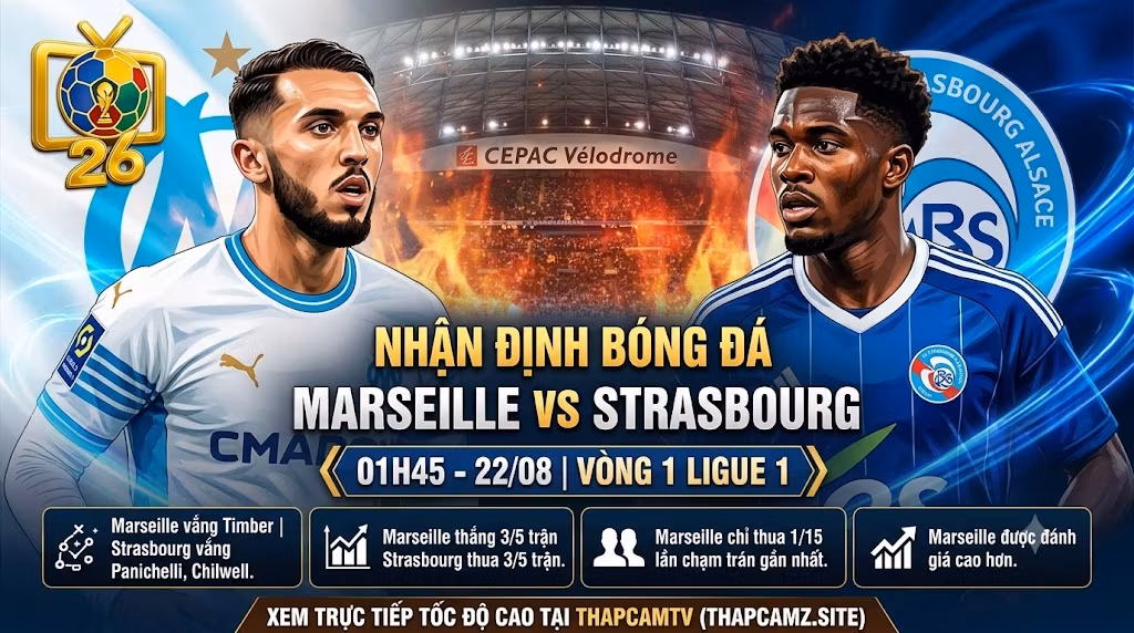 Ảnh bìa nhận định bóng đá trận Marseille vs Strasbourg vòng 1 Ligue 1 ngày 22/08/2026 với Amine Gouiri và Martial Godo trên ThapcamTV.