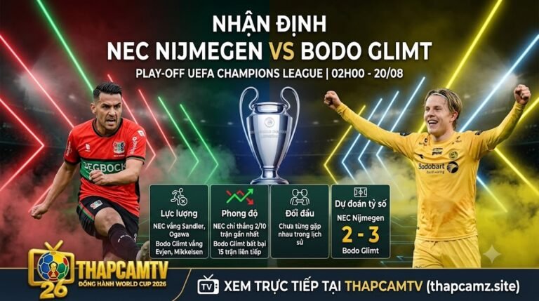Bảng nhận định trước trận đấu Champions League giữa NEC Nijmegen và Bodo Glimt, dự đoán tỷ số 2-3 và tóm tắt thông số hai đội tại ThapcamTV.