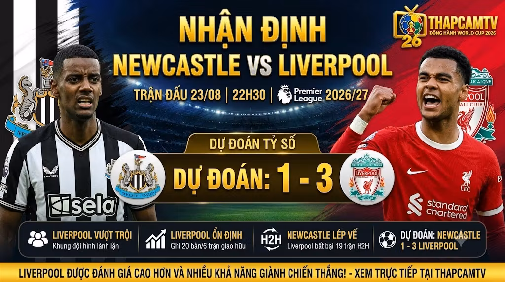Ảnh bìa nhận định trận đấu Newcastle vs Liverpool vòng 1 Ngoại Hạng Anh 2026/27, đánh giá phong độ và dự đoán kết quả cùng ThapcamTV.