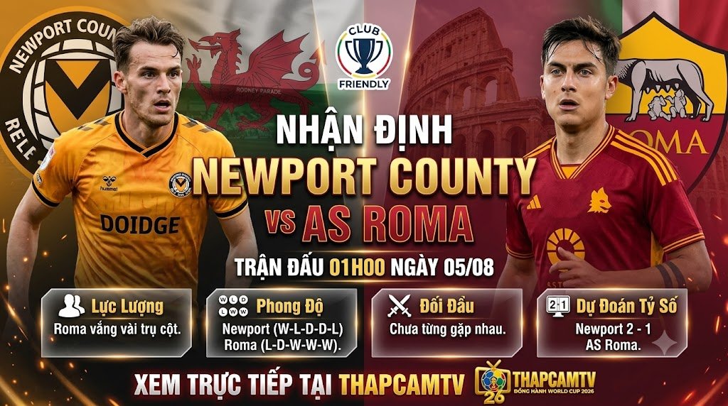 Nhận định tổng quan trận đấu giao hữu giữa Newport County và AS Roma lúc 01h00 ngày 05/08 - ThapcamTV.